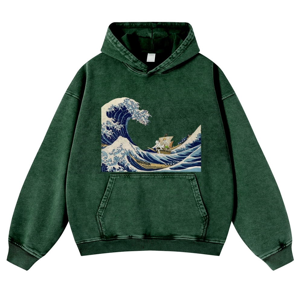 Wave Ukiyoe Pattern Vintage Washed Hoodie-moweekender