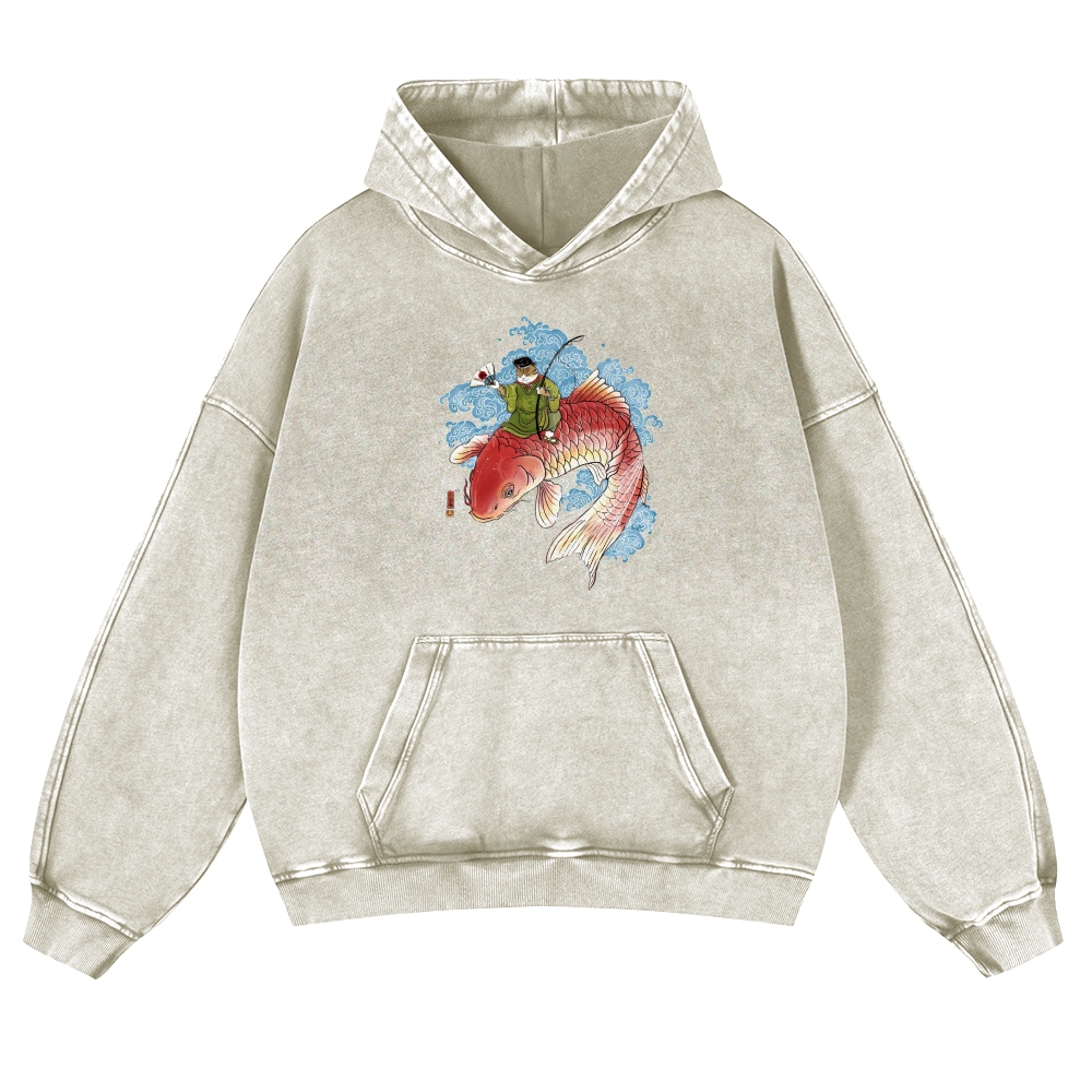 Carp Cat Ukiyoe Pattern Vintage Washed Hoodie-moweekender