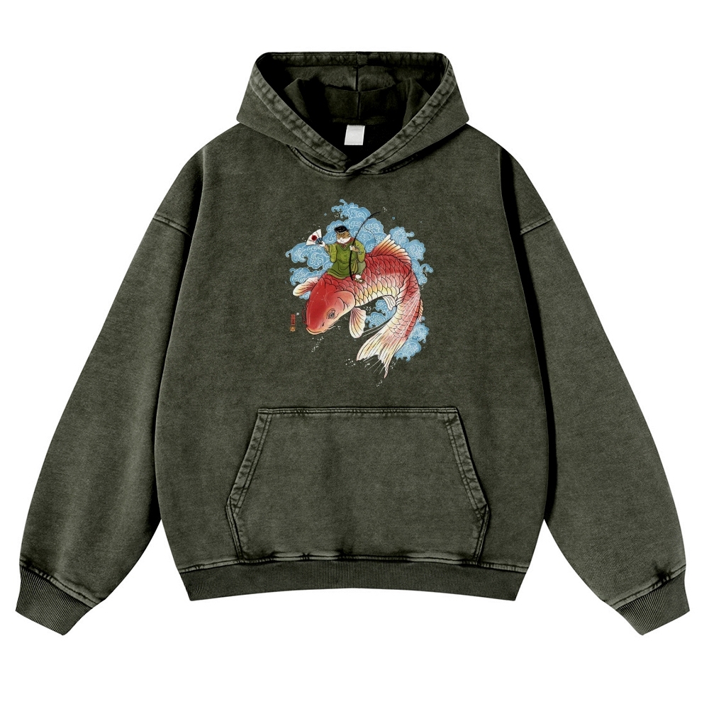 Carp Cat Ukiyoe Pattern Vintage Washed Hoodie-moweekender