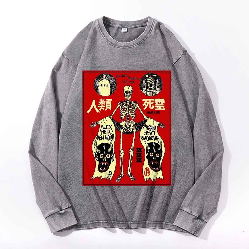 Human Skeleton Deep Washed Vintage Long Sleeves T-Shirt-moweekender