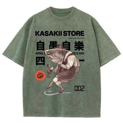 Fishing Shark Man Washed Vintage Short Sleeves T-Shirt-moweekender