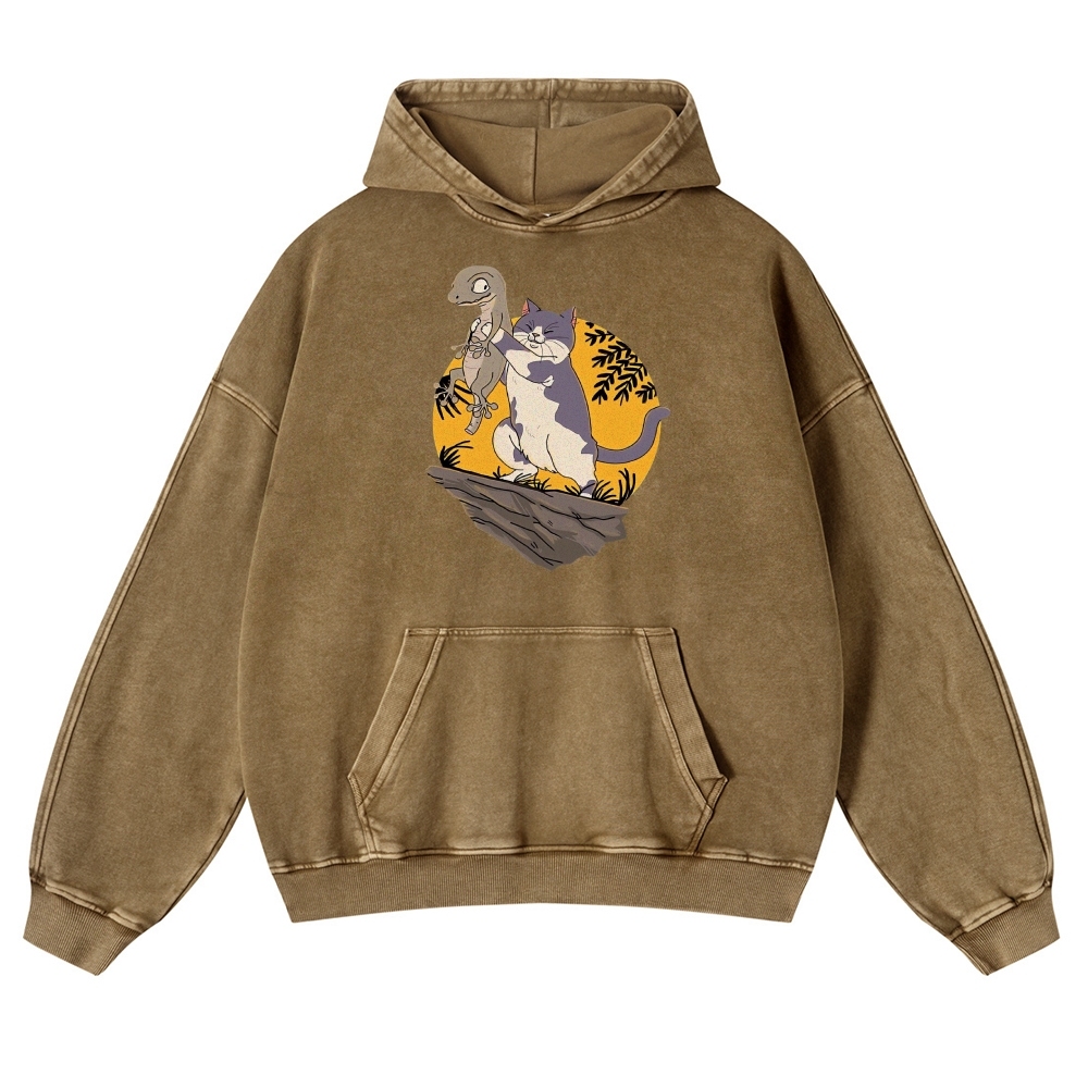 Lizard Cat Ukiyoe Vintage Washed Hoodie-moweekender