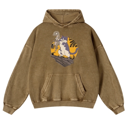Lizard Cat Ukiyoe Vintage Washed Hoodie-moweekender