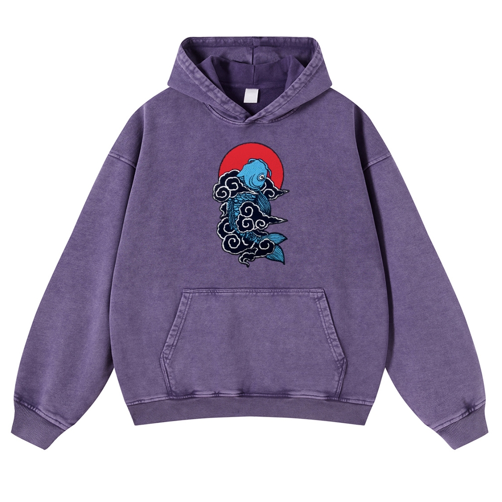 Cloud Carp Ukiyoe Pattern Vintage Washed Hoodie-moweekender