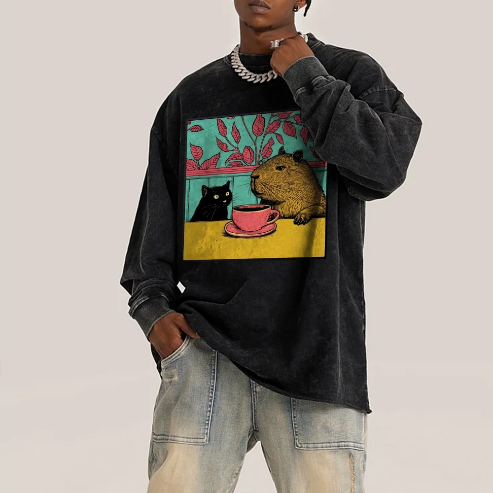 Black Cat And Capybara Pattern Deep Washed Vintage Long Sleeves T-Shirt