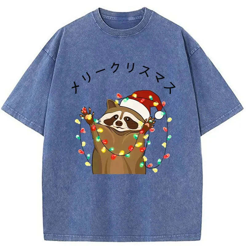 Raccoon Christmas Washed Vintage T-Shirt-moweekender