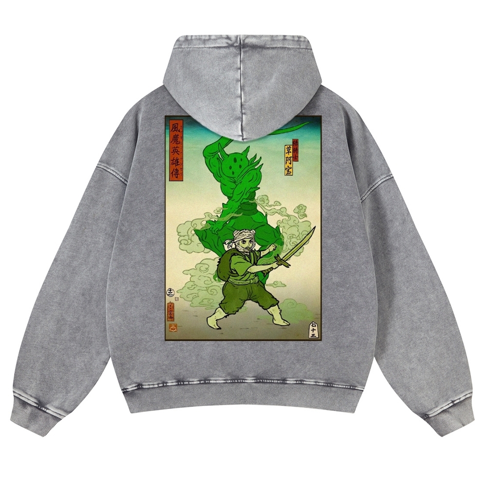 Hero Story Pattern Printed Vintage Washed Hoodie-moweekender