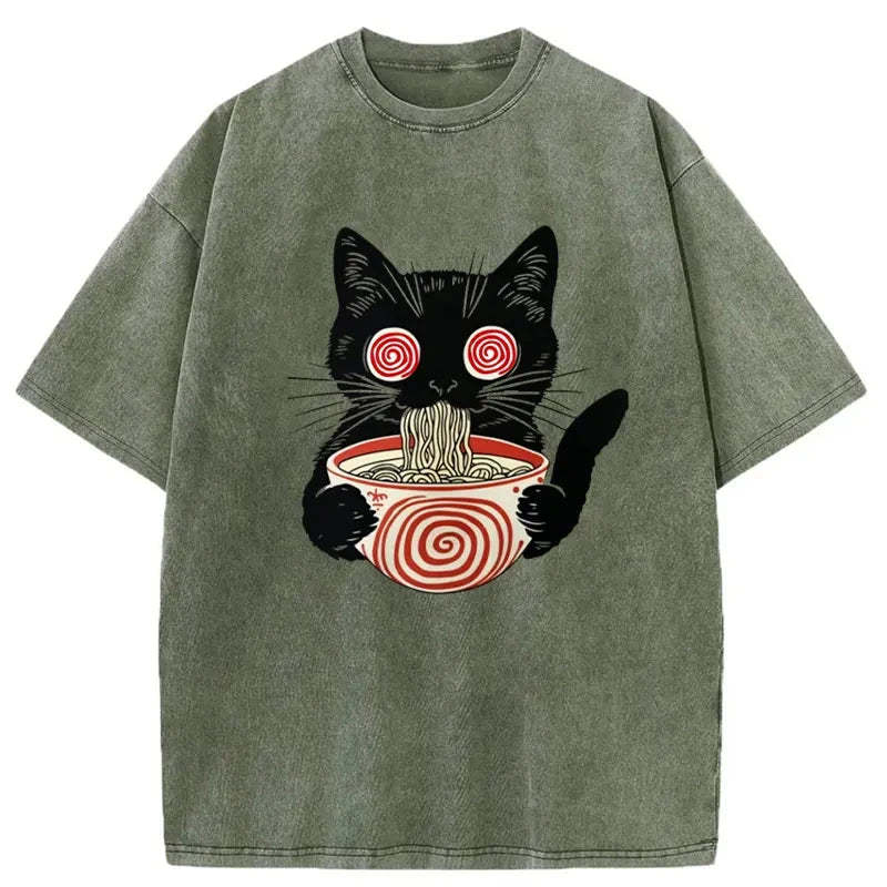 Confused Cat Eating Ramen Washed Vintage T-Shirt-moweekender