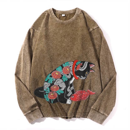 Flower Tattoo Cat Deep Washed Vintage Long Sleeves T-Shirt-moweekender