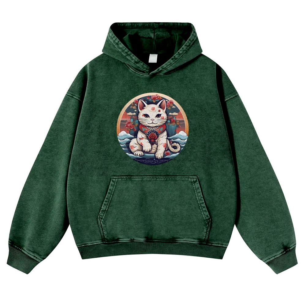 Japanese Cat Painting Printed Vintage Washed Hoodie-moweekender