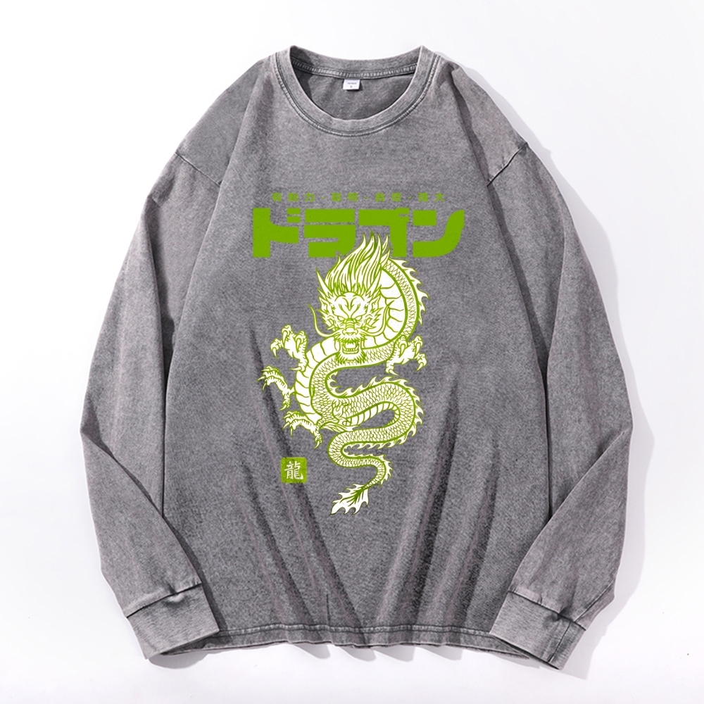 Loong Totem Casual Deep Washed Vintage Long Sleeves T-Shirt-moweekender