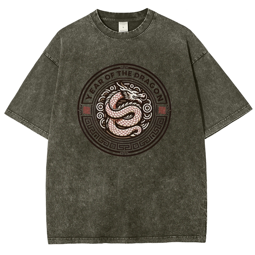 Traditional Dragon Pattern Washed Vintage Short Sleeves T-Shirt-moweekender