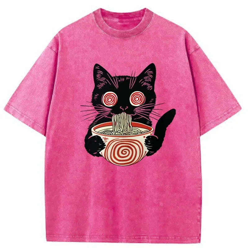 Confused Cat Eating Ramen Washed Vintage T-Shirt-moweekender