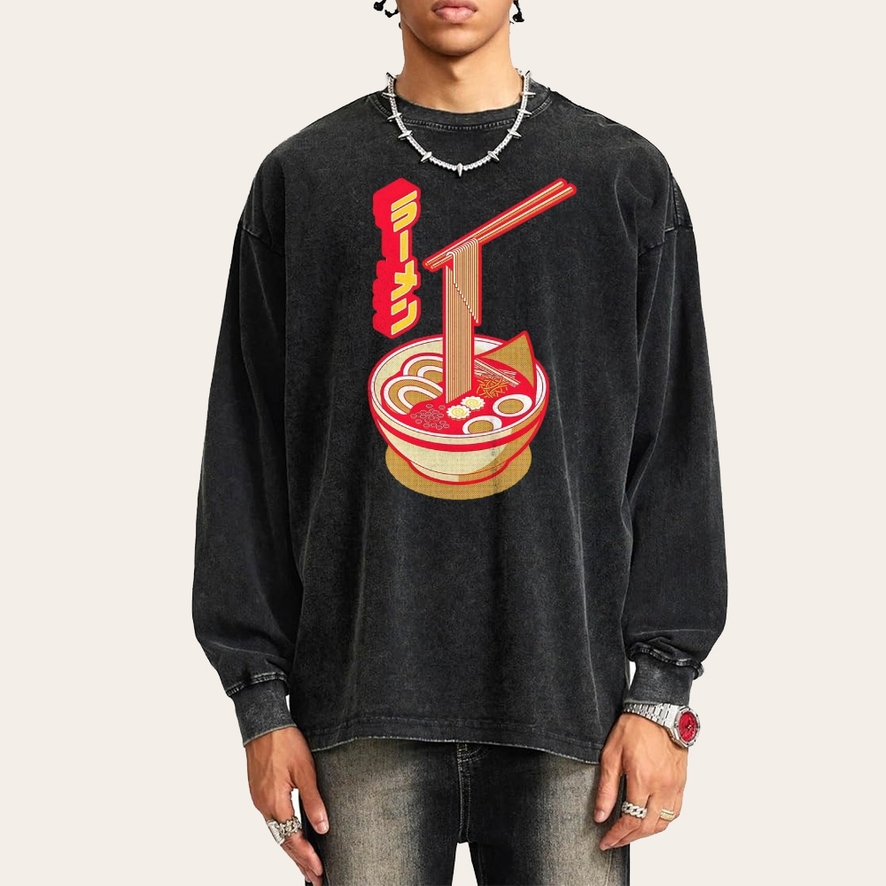 Japanese Ramen Deep Washed Vintage Long Sleeves T-Shirt-moweekender