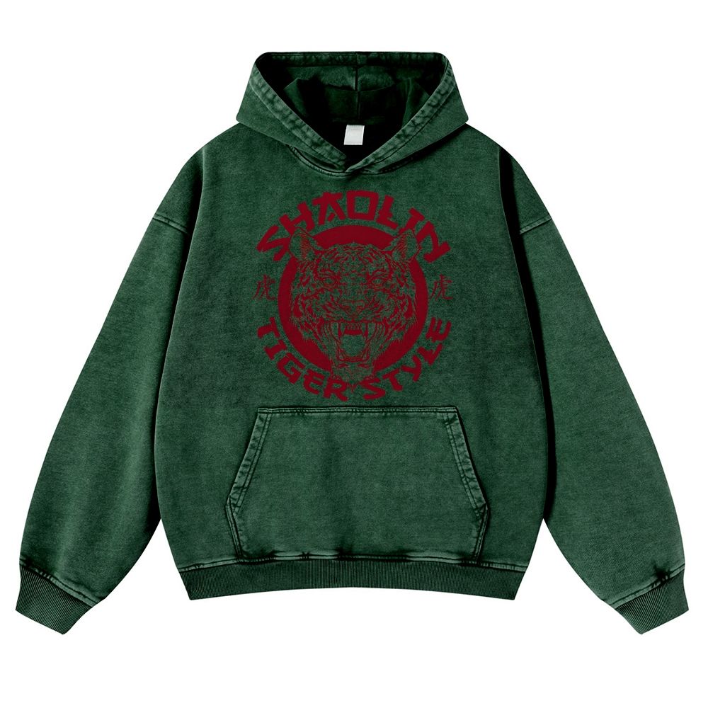 Tiger Head Sign Printed Vintage Washed Hoodie-moweekender