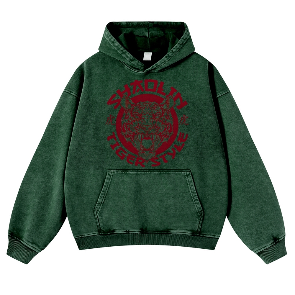 Tiger Head Sign Printed Vintage Washed Hoodie-moweekender