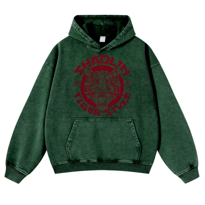 Tiger Head Sign Printed Vintage Washed Hoodie-moweekender