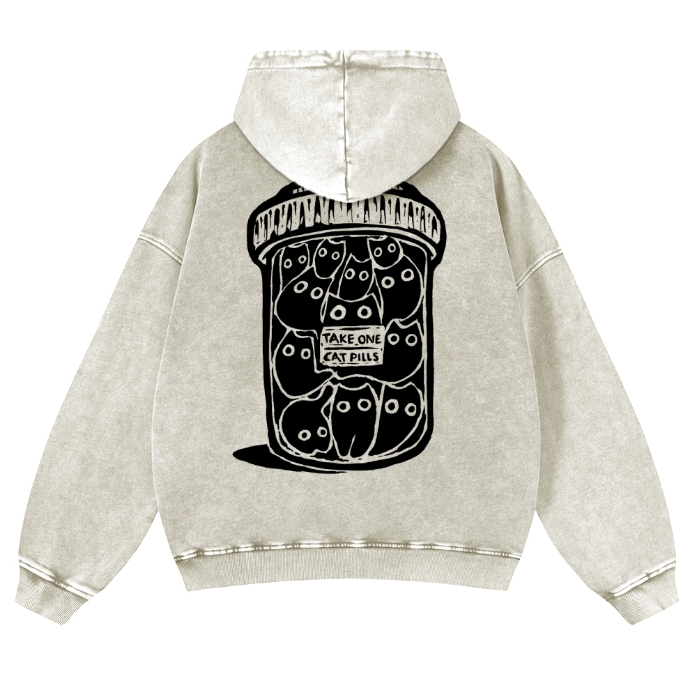 Black Cat Pills Pattern Vintage Washed Hoodie-moweekender