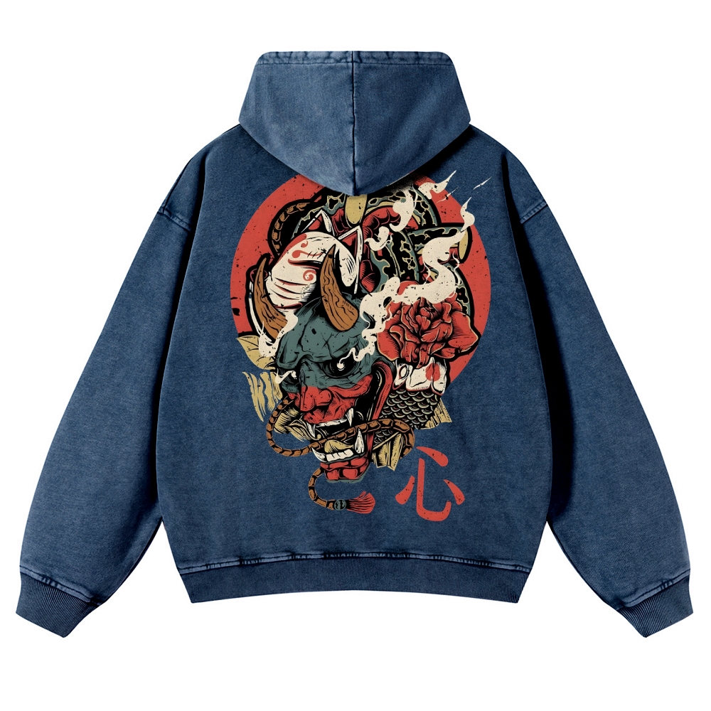 Japanese Traditional Mask Pattern Vintage Washed Hoodie-moweekender