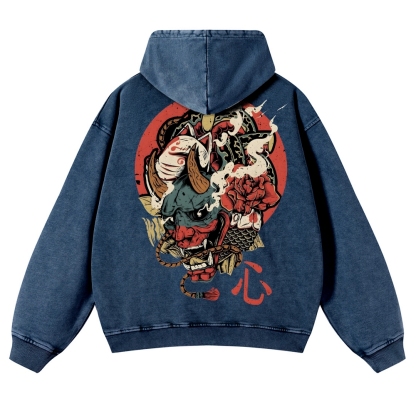 Japanese Traditional Mask Pattern Vintage Washed Hoodie-moweekender
