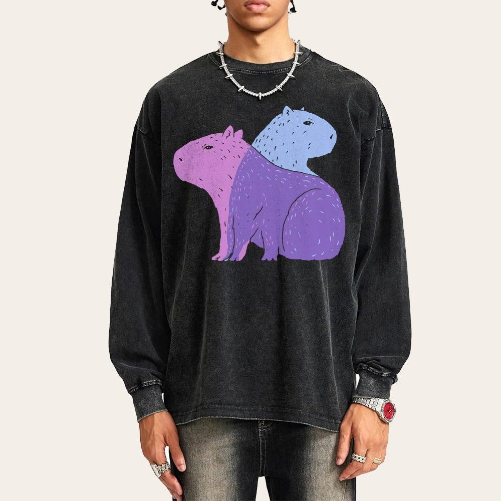 Capybara Pattern Deep Washed Vintage Long Sleeves T-Shirt-moweekender