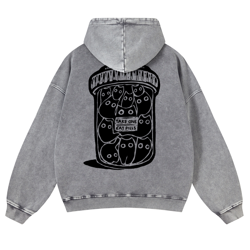 Black Cat Pills Pattern Vintage Washed Hoodie-moweekender