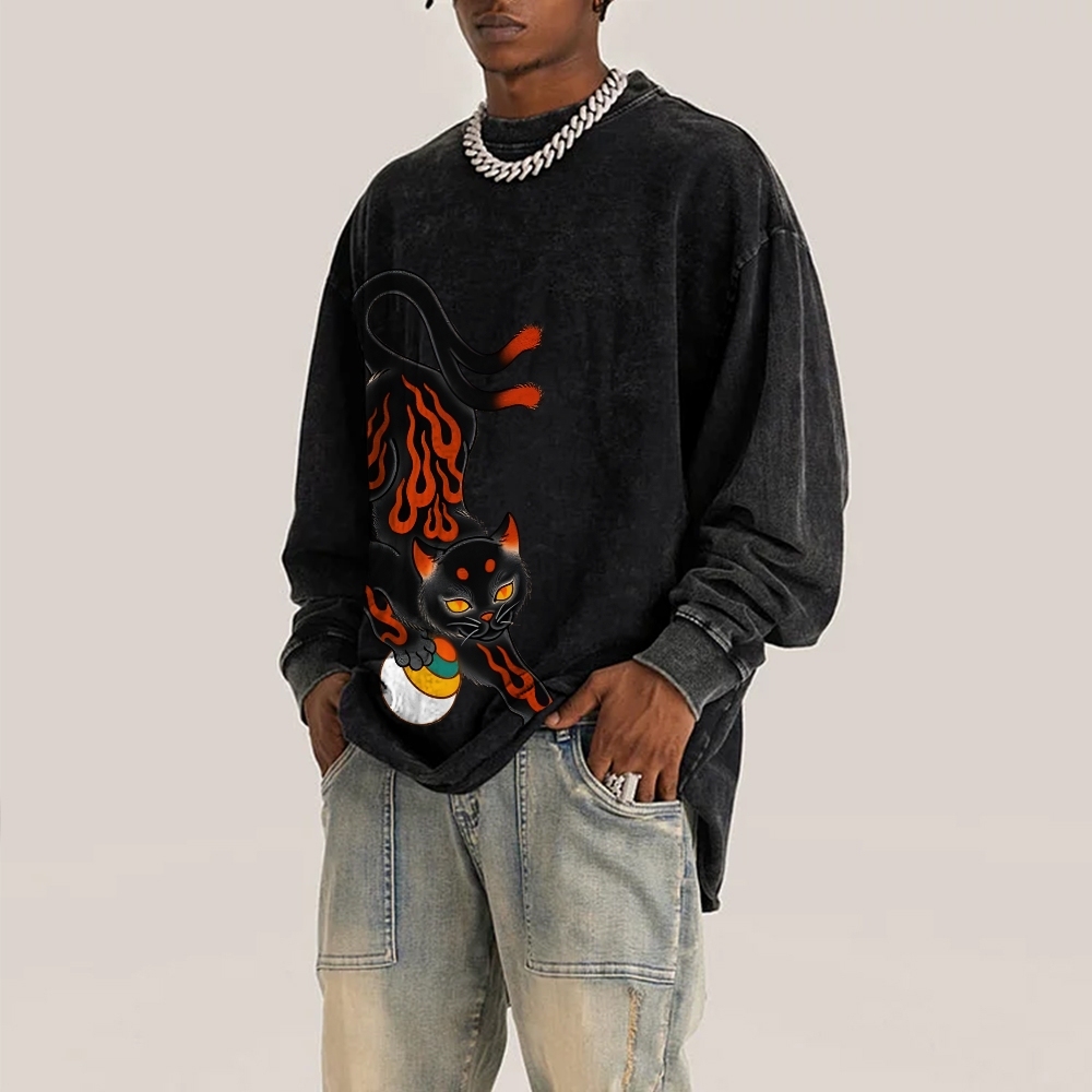 Two-tailed Cat Pattern Deep Washed Vintage Long Sleeves T-Shirt-moweekender