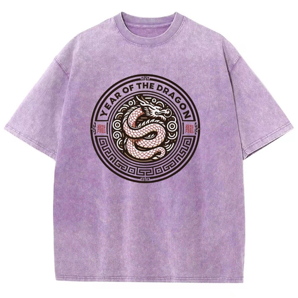 Traditional Dragon Pattern Washed Vintage Short Sleeves T-Shirt-moweekender
