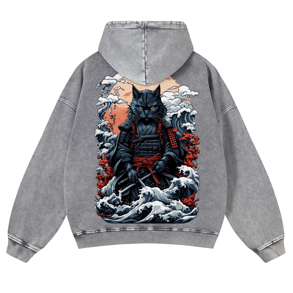 Cat Warrior Wave Ukiyoe Vintage Washed Hoodie-moweekender