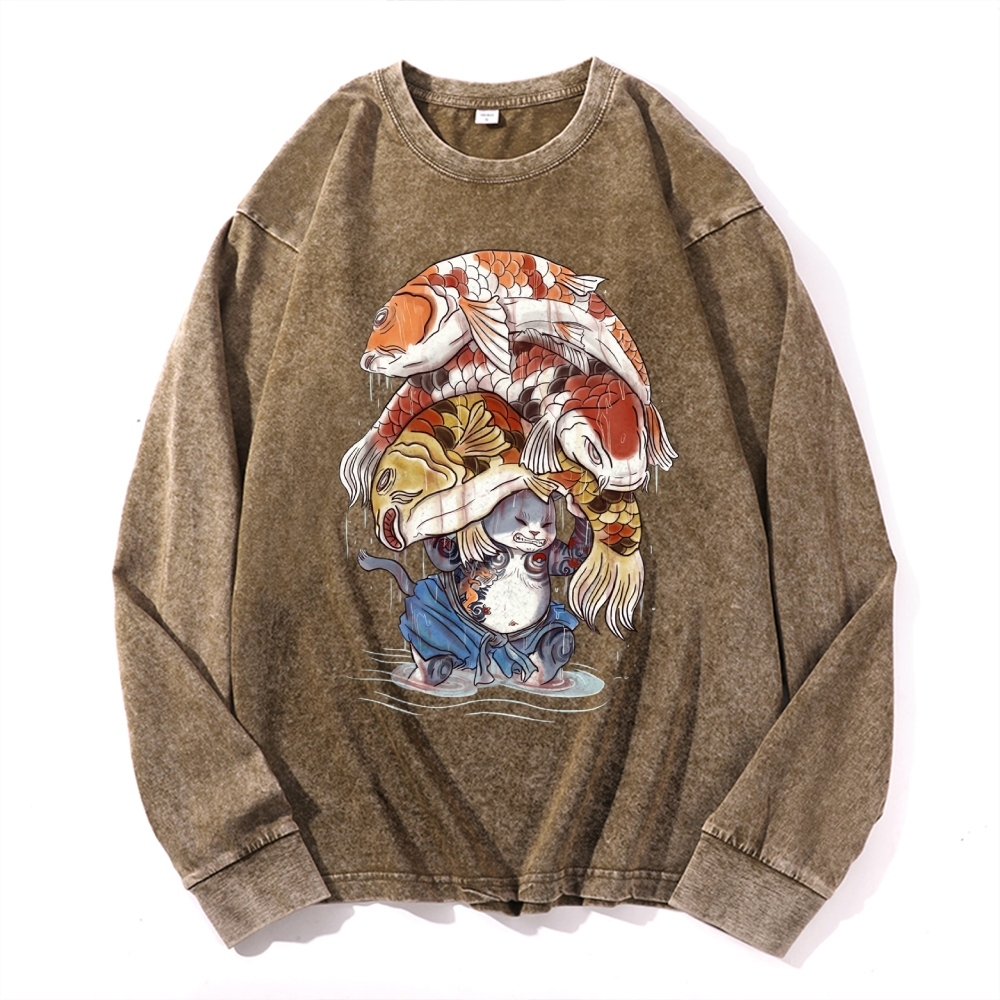 Fish Pressure Cat Deep Washed Vintage Long Sleeves T-Shirt-moweekender