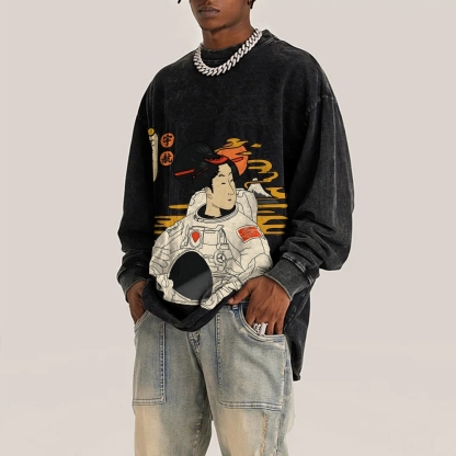 Japanese Spaceman Ukiyoe Deep Washed Vintage Long Sleeves T-Shirt-moweekender