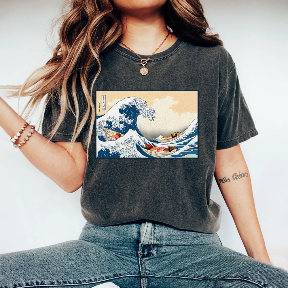 Sushi Ship Wave Ukiyoe Washed Vintage Short Sleeves T-Shirt-moweekender