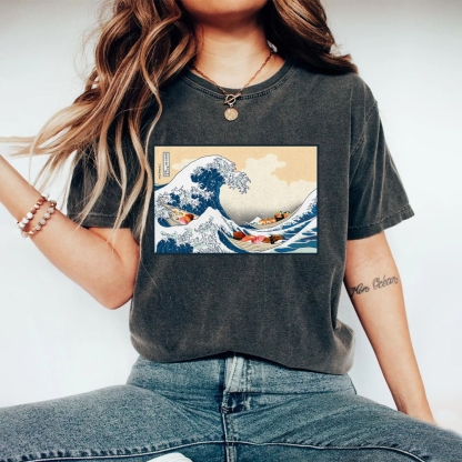 Sushi Ship Wave Ukiyoe Washed Vintage Short Sleeves T-Shirt-moweekender
