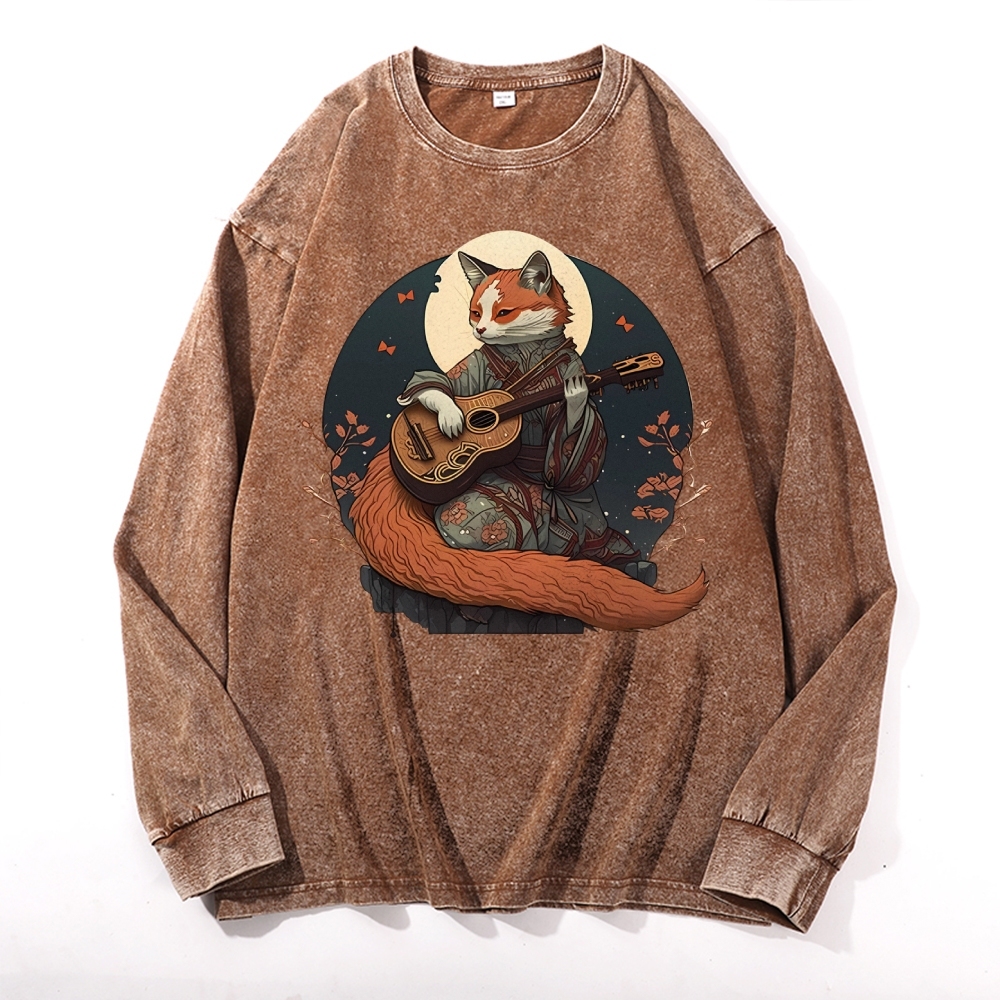 Guitar Fox Ukiyoe Painting Deep Washed Vintage Long Sleeves T-Shirt-moweekender