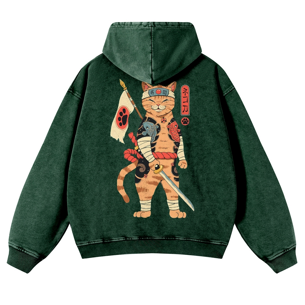 Sushi Warrior Cat Casual Vintage Washed Hoodie-moweekender