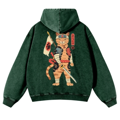 Sushi Warrior Cat Casual Vintage Washed Hoodie-moweekender