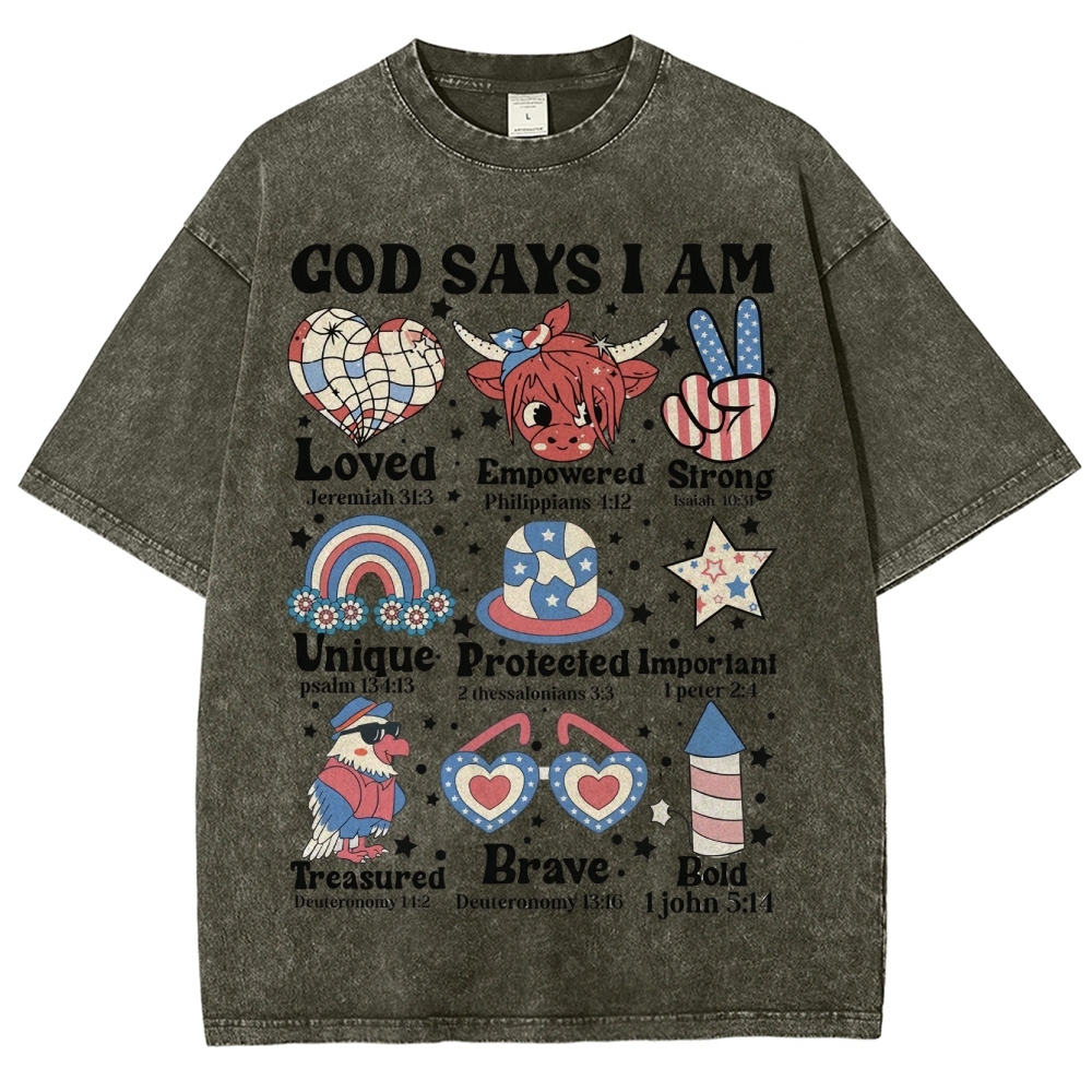 God Says I Am Vintage Snowflake Washed T-Shirt-moweekender