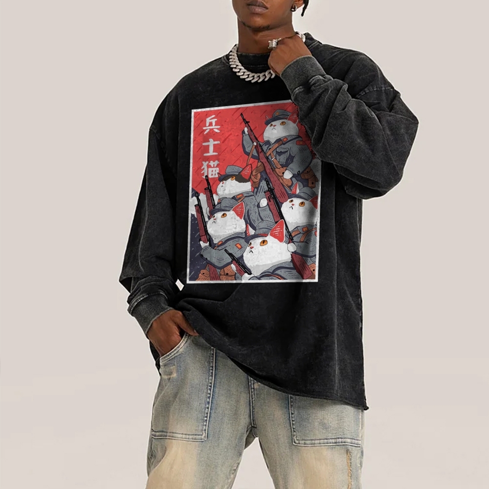 Soldier Cat Pattern Deep Washed Vintage Long Sleeves T-Shirt-moweekender