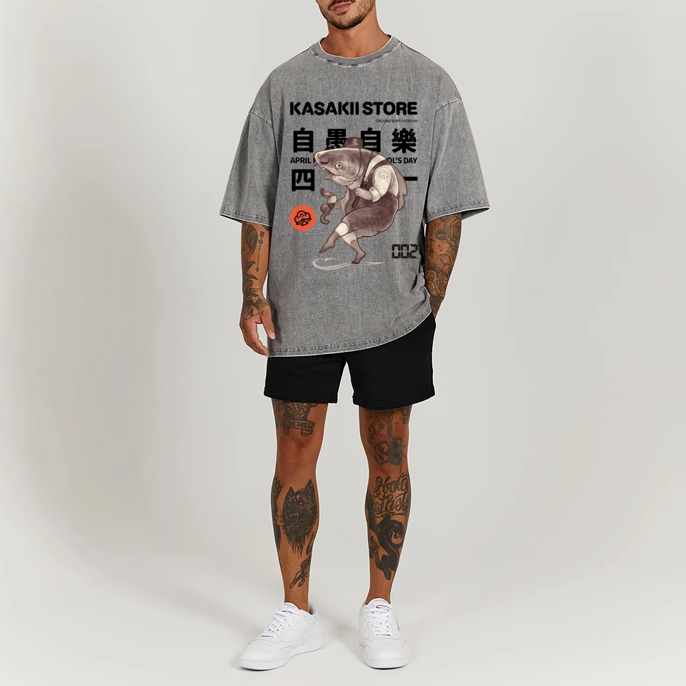 Fishing Shark Man Washed Vintage Short Sleeves T-Shirt-moweekender