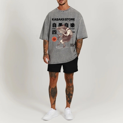 Fishing Shark Man Washed Vintage Short Sleeves T-Shirt-moweekender