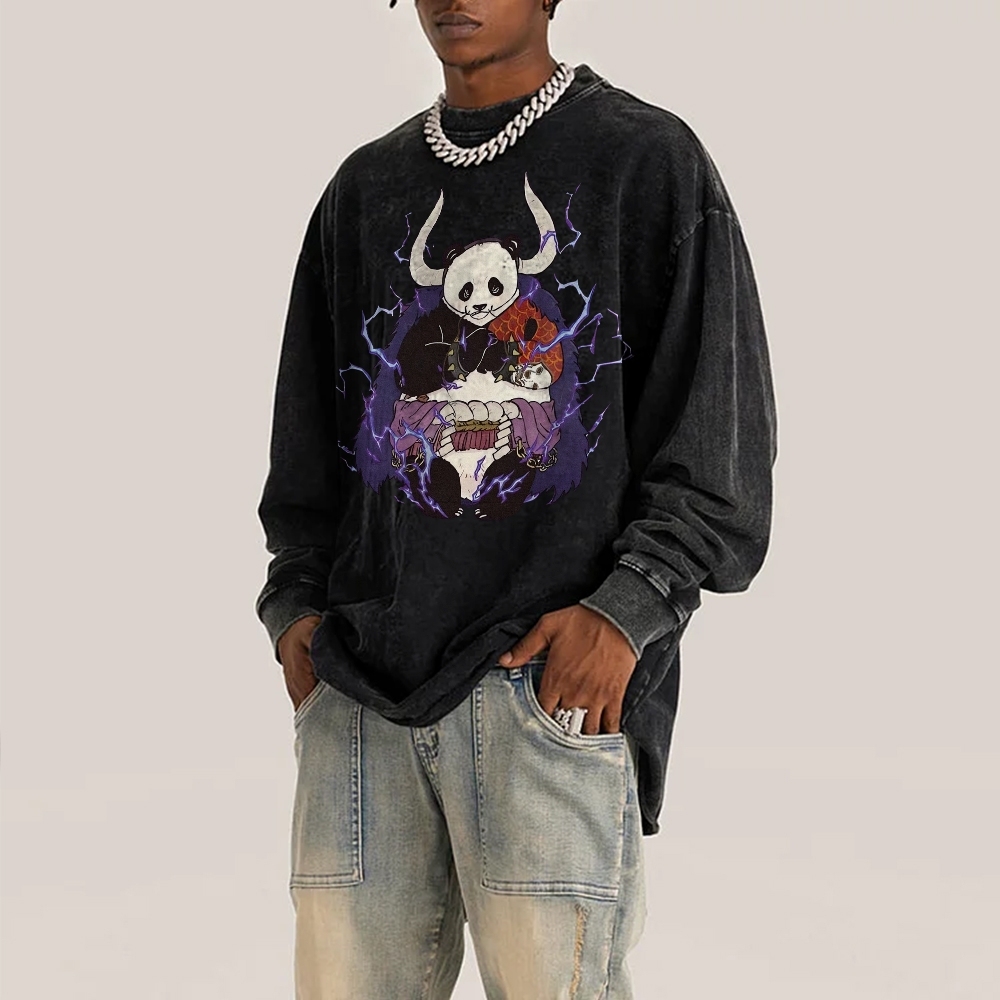 Panda Demon Pattern Deep Washed Vintage Long Sleeves T-Shirt-moweekender