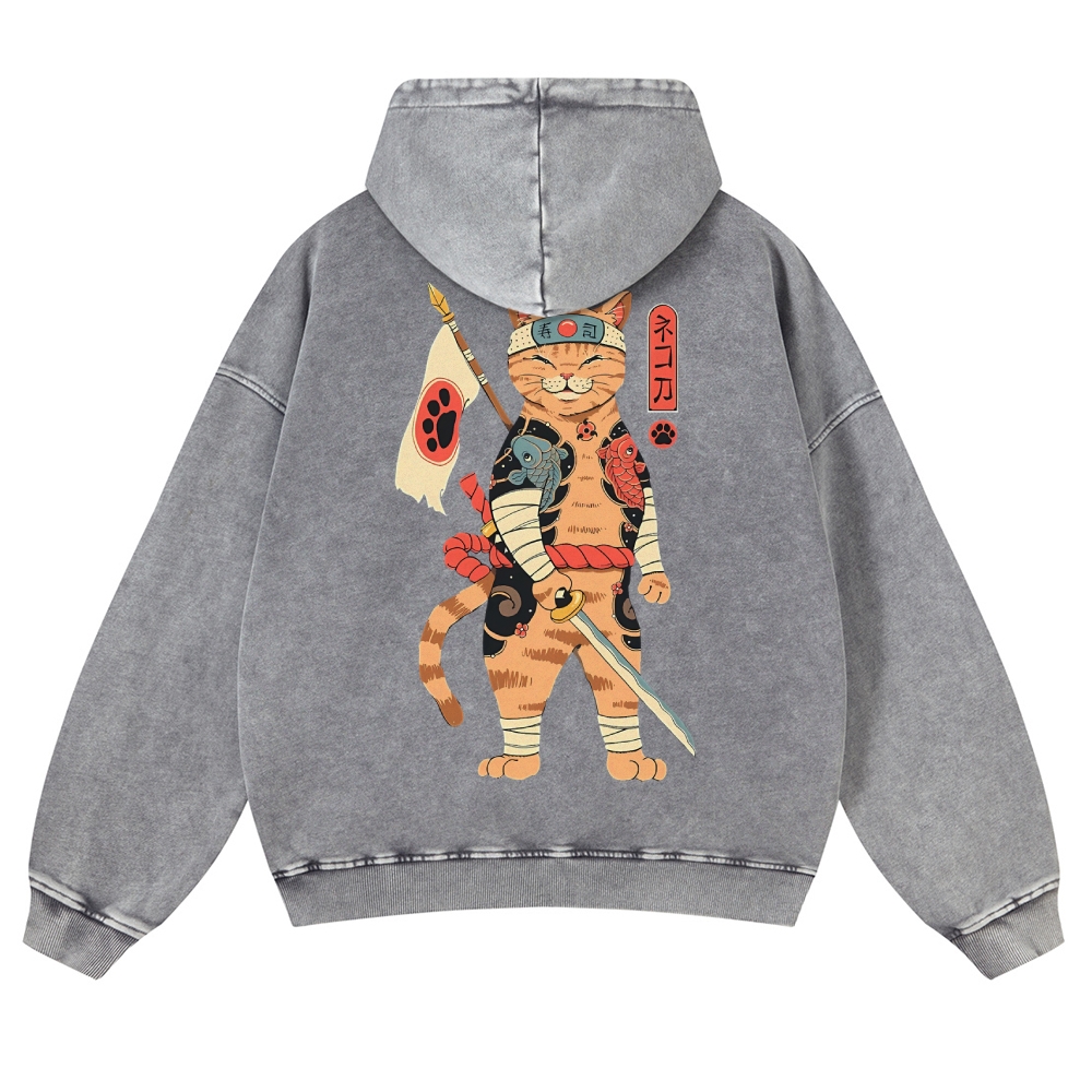Sushi Warrior Cat Casual Vintage Washed Hoodie-moweekender