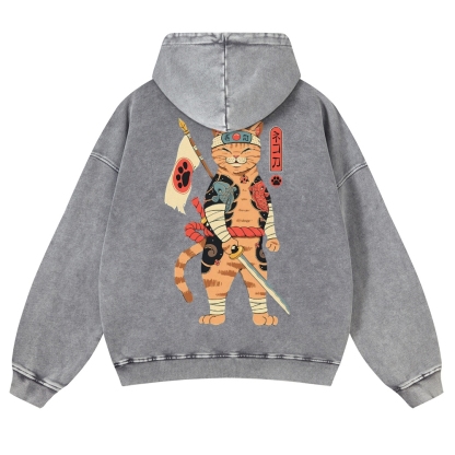 Sushi Warrior Cat Casual Vintage Washed Hoodie-moweekender