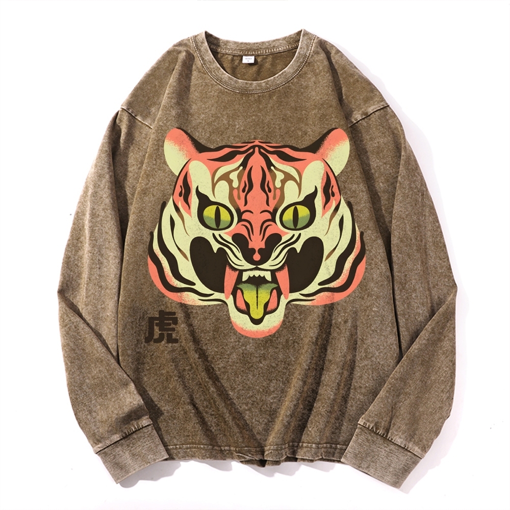 Tiger Roar Deep Washed Vintage Long Sleeves T-Shirt-moweekender