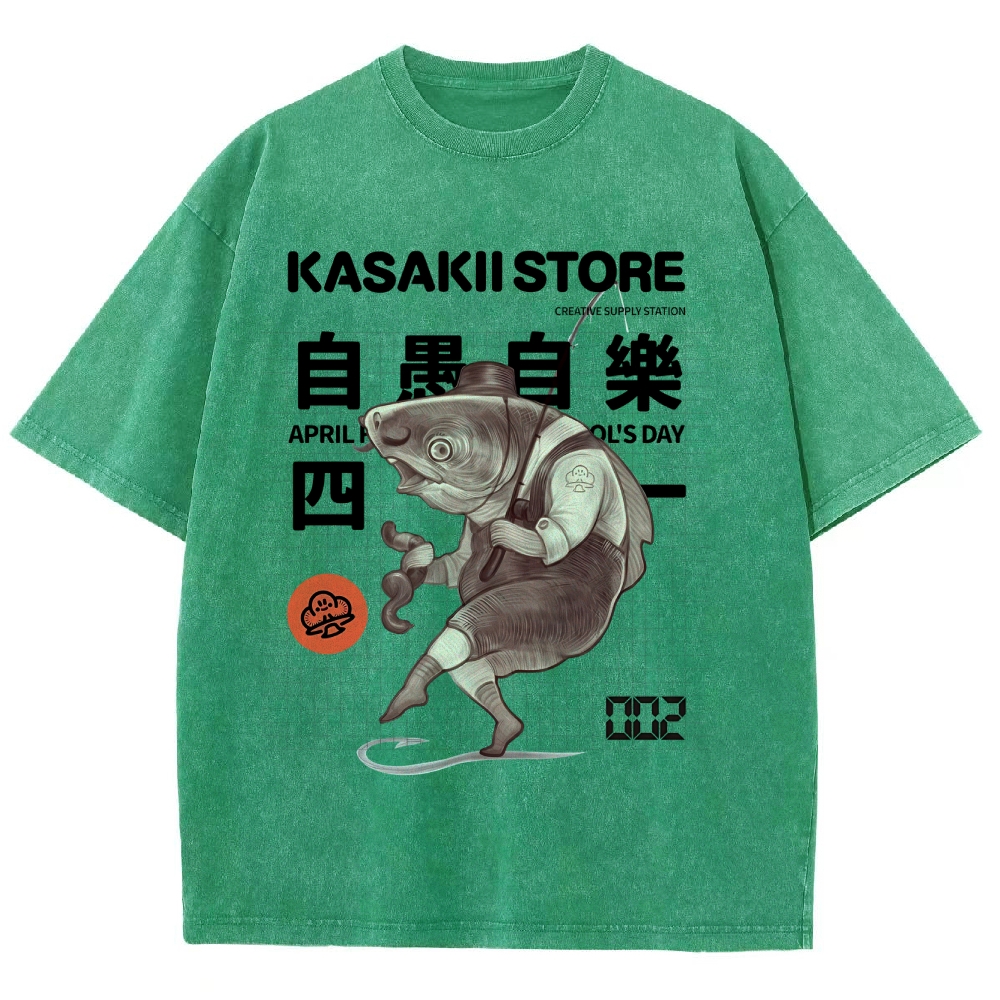 Fishing Shark Man Washed Vintage Short Sleeves T-Shirt-moweekender
