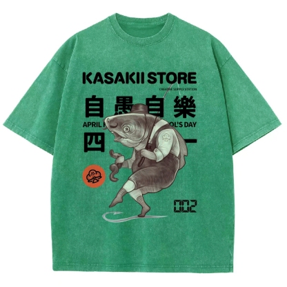 Fishing Shark Man Washed Vintage Short Sleeves T-Shirt-moweekender