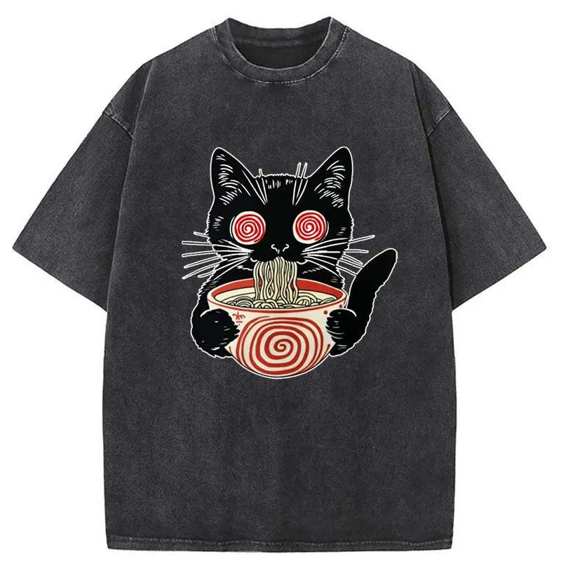 Confused Cat Eating Ramen Washed Vintage T-Shirt-moweekender