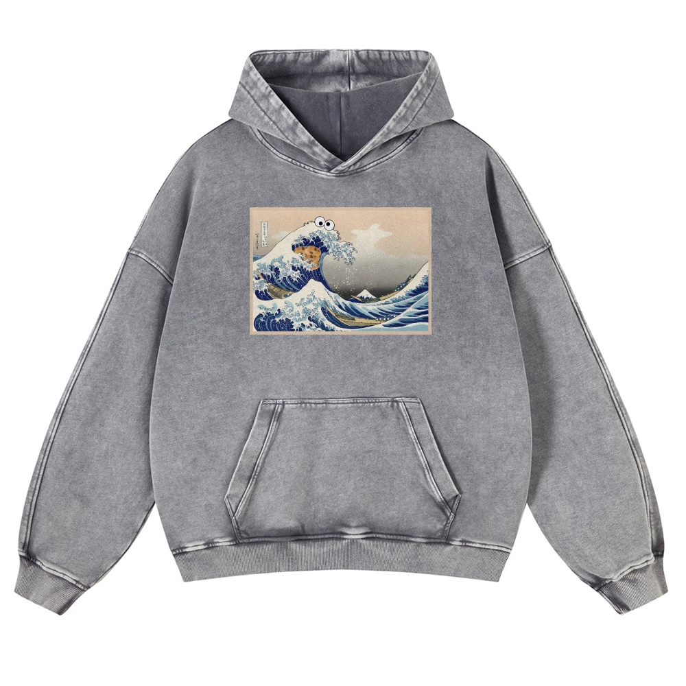 Cookie Wave Ukiyoe Printing Vintage Washed Hoodie-moweekender