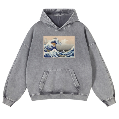 Cookie Wave Ukiyoe Printing Vintage Washed Hoodie-moweekender