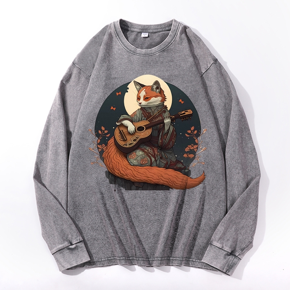 Guitar Fox Ukiyoe Painting Deep Washed Vintage Long Sleeves T-Shirt-moweekender